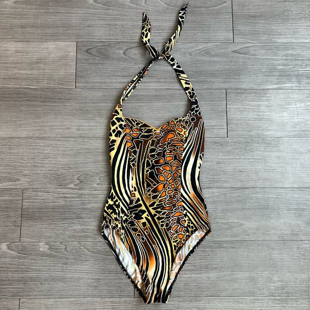 Vintage Multi Animal Print Halter Neck One Piece Swimsuit Size XS